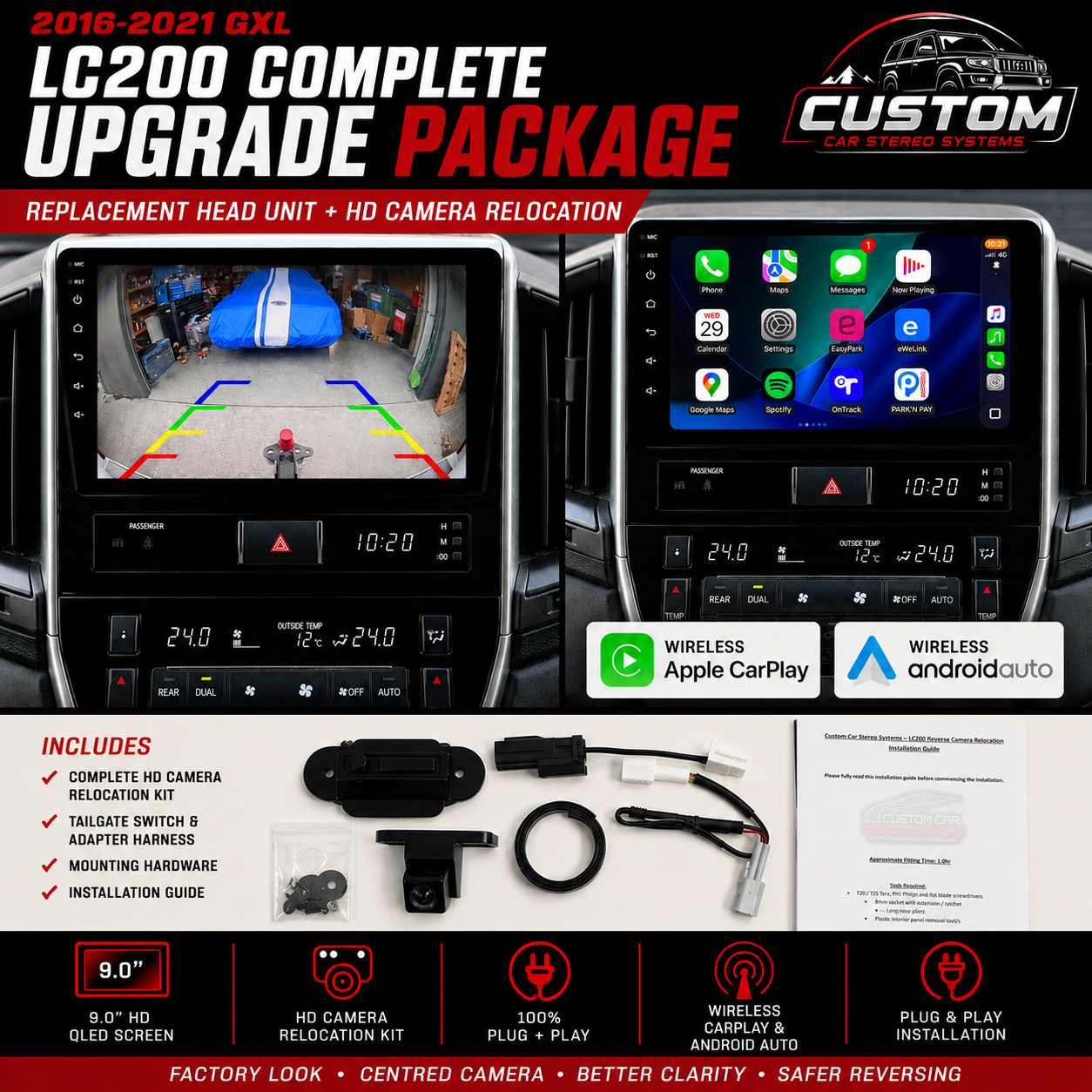 Toyota Landcruiser 200 series GXL 2016-2021 9" Replacement Unit + HD Reverse Camera Relocation kit BUNDLE