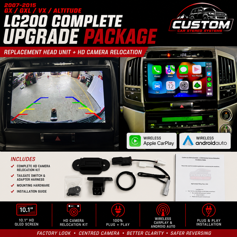 Toyota Landcruiser 200 Series GX / GXL / VX 2007-2015 10.1" Replacement Unit + HD Reverse Camera Relocation Kit BUNDLE